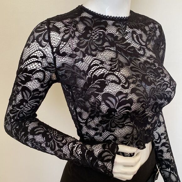 Dolls Kill Brand Current Mood Black Sheer Lace Long Sleeve Layering Top - Picture 4 of 6